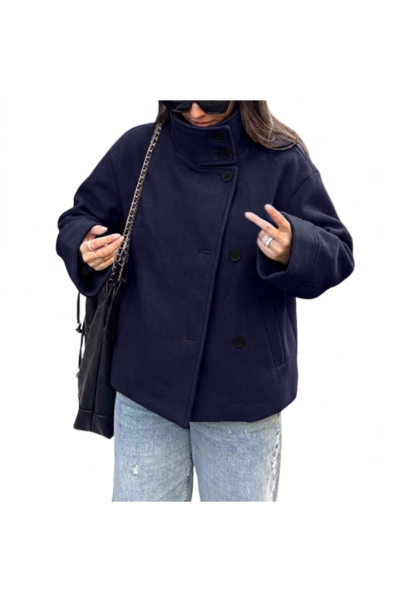Women's Casual Cropped Peacoat Wool Blend Single-Breasted Fall Winter Short Jacket Outwear
