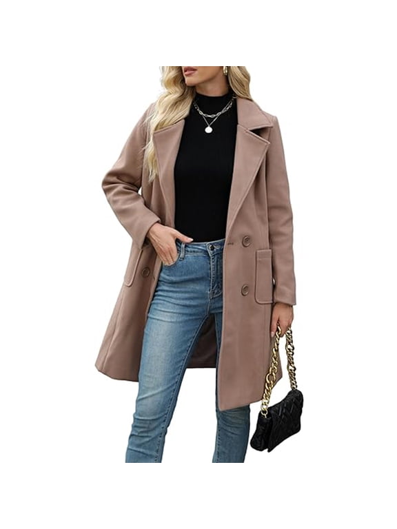 Women's Casual Lapel Collar Wool Coat Double Breasted Elegant Peacoat with Pockets
