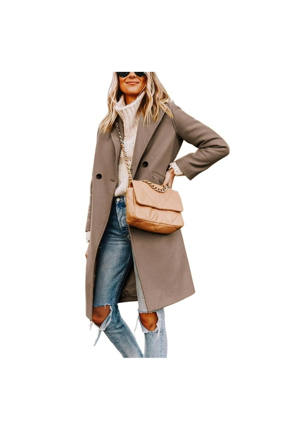 Women's Casual Lapel Collar Wool Coat Single-Breasted Peacoat with Pockets