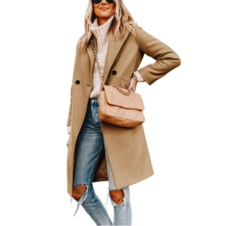 PUWEI Women's Casual Lapel Collar Wool Coat Single-Breasted Peacoat with Pockets