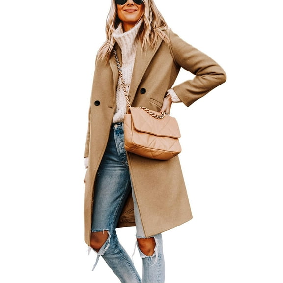 PUWEI Women's Casual Lapel Collar Wool Coat Single-Breasted Peacoat with Pockets