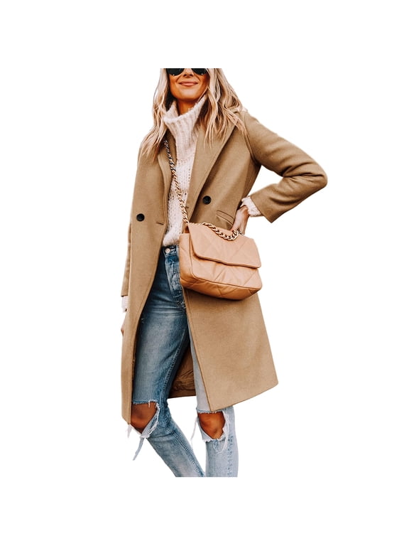 Women's Casual Lapel Collar Wool Coat Single-Breasted Peacoat with Pockets