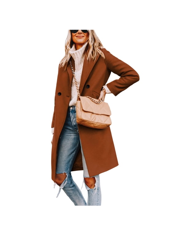 Women's Casual Lapel Collar Wool Coat Single-Breasted Peacoat with Pockets