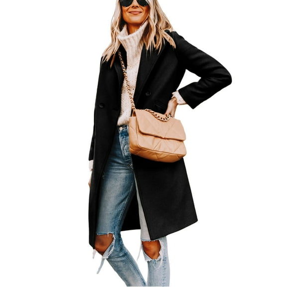 PUWEI Women's Casual Lapel Collar Wool Coat Single-Breasted Peacoat with Pockets