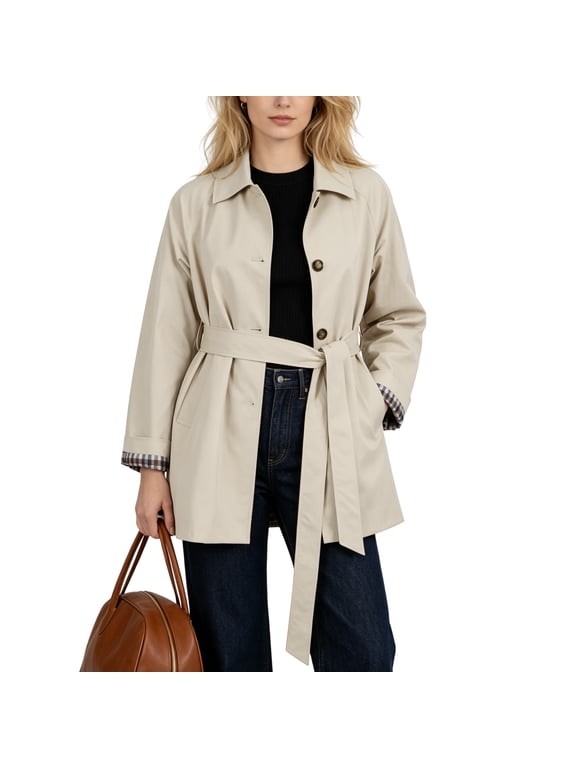 Women's Casual Mid-Length Belted Trench Coat Classic Lapel Plaid Lined Coats with Pockets