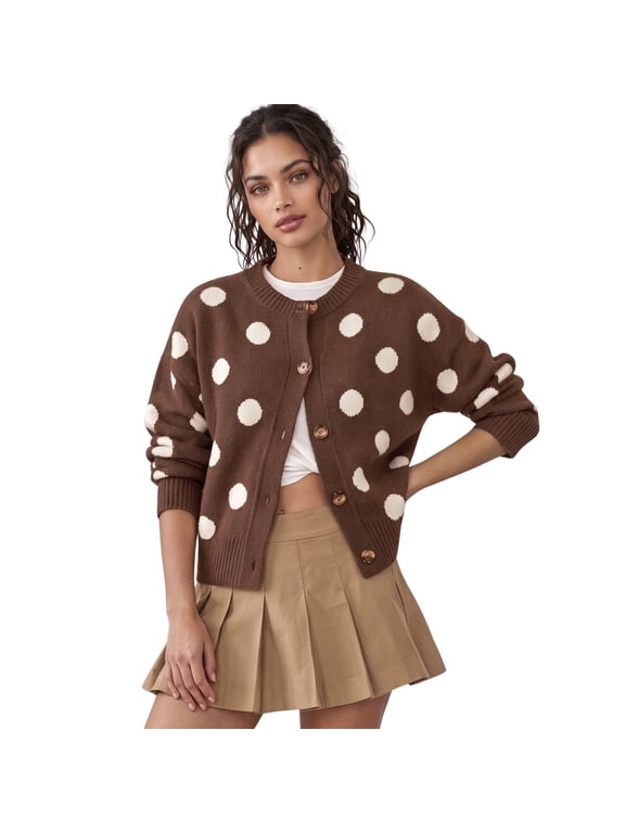 Women's Casual Polka Dot Knit Cardigan Crewneck Button Down Long Sleeve Sweater