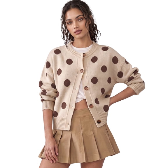 PUWEI Women's Casual Polka Dot Knit Cardigan Crewneck Button Down Long Sleeve Sweater