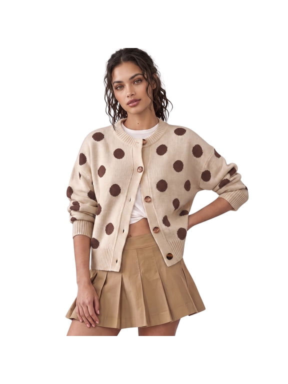 Women's Casual Polka Dot Knit Cardigan Crewneck Button Down Long Sleeve Sweater