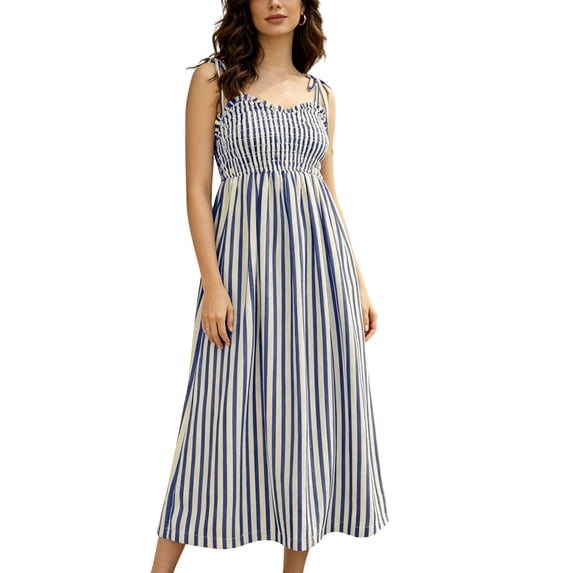 PUWEI Women's Casual Spaghetti Strap Dress Flowy Swing Boho Dress Stretchy Long Sundress with Side Pockets