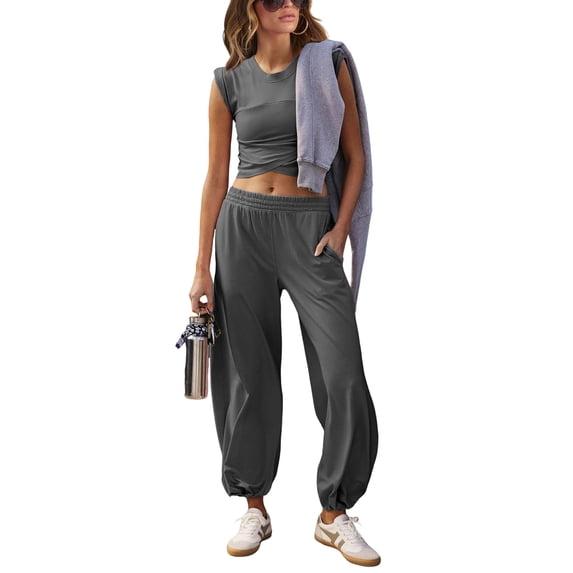 PUWEI Women's Casual Two Pieces Outfits Cropped Top High Rise Sweatpants Workout Tracksuit