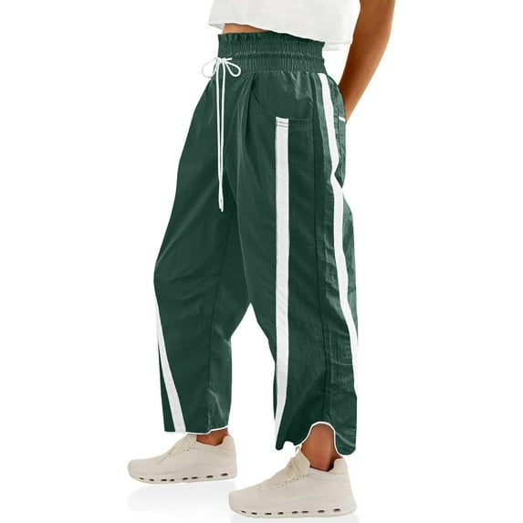 PUWEI Women's Casual Wide Leg Pants Baggy Drawstring Elastic Waist Contrast Color Strip Sweatpants
