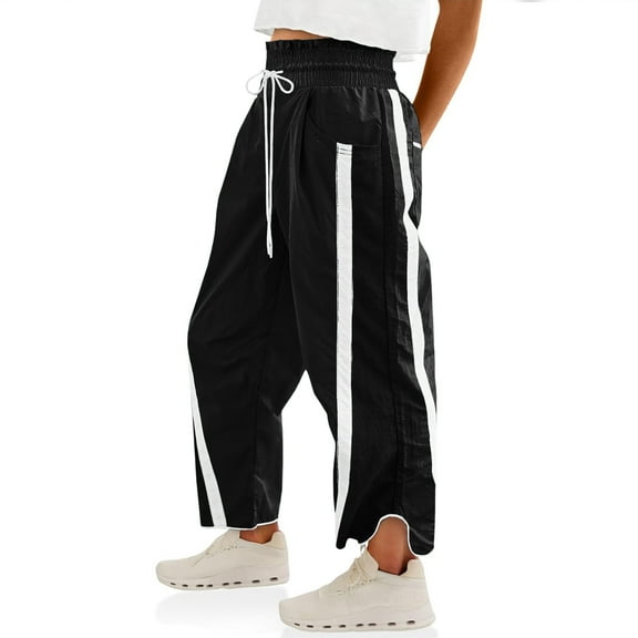 PUWEI Women's Casual Wide Leg Pants Baggy Drawstring Elastic Waist Contrast Color Strip Sweatpants