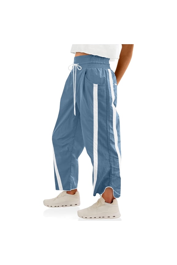 Women's Casual Wide Leg Pants Baggy Drawstring Elastic Waist Contrast Color Strip Sweatpants
