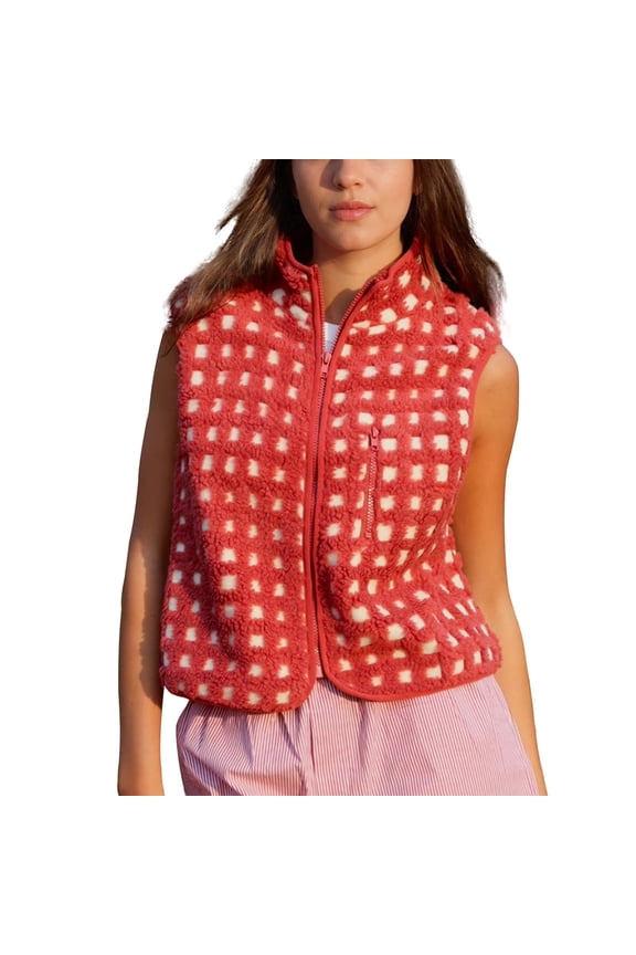 Women's Checkered Fleece Jacket Sleeveless Sherpa Vest Warm Zip Up Plaid Gilet with Pocket
