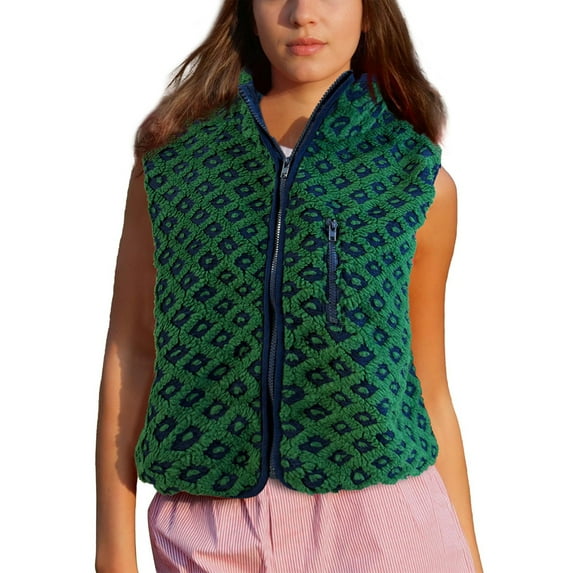 PUWEI Women's Checkered Fleece Jacket Sleeveless Sherpa Vest Warm Zip Up Plaid Gilet with Pocket