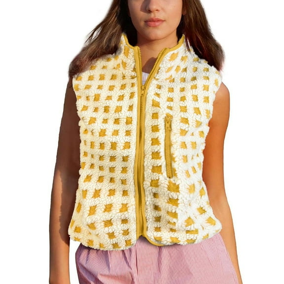 PUWEI Women's Checkered Fleece Jacket Sleeveless Sherpa Vest Warm Zip Up Plaid Gilet with Pocket