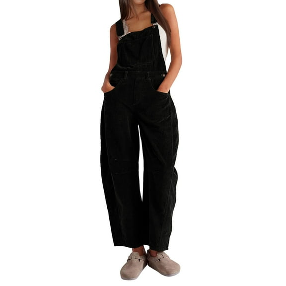 PUWEI Women's Corduroy Overalls Wide Leg Barrel Jeans Adjustable Straps Bib Romper with Pockets