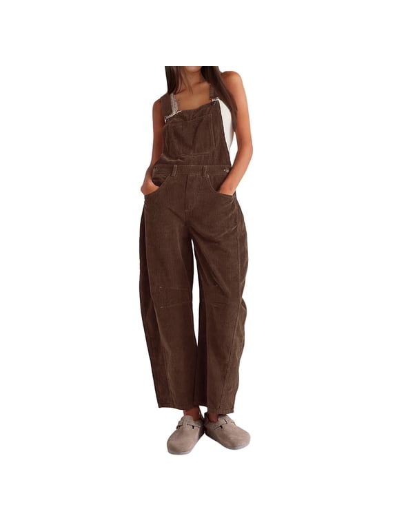 Women's Corduroy Overalls Wide Leg Barrel Jeans Adjustable Straps Bib Romper with Pockets