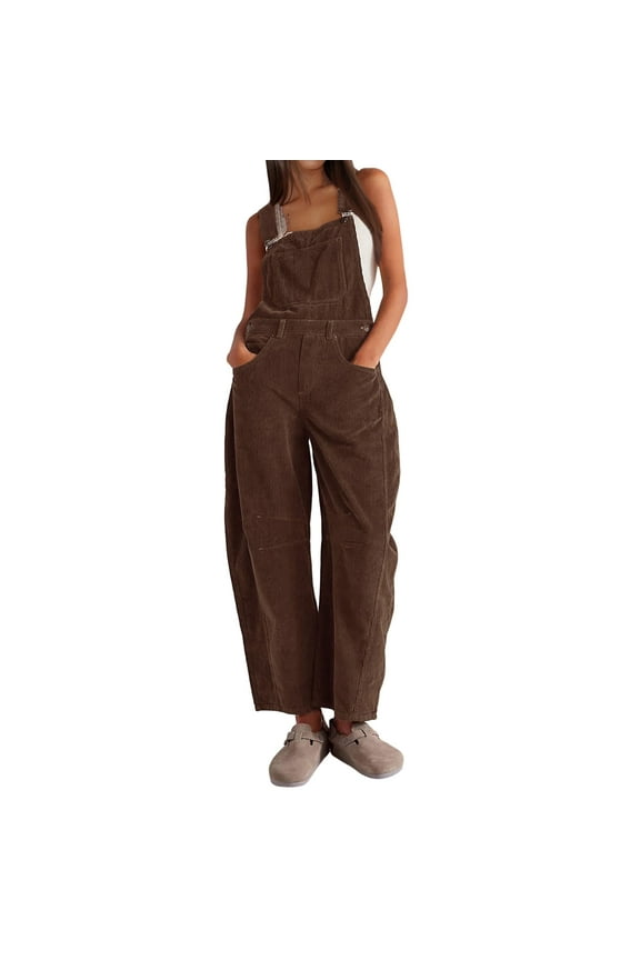 Women's Corduroy Overalls Wide Leg Barrel Jeans Adjustable Straps Bib Romper with Pockets