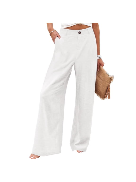 Women's Cotton Linen Casual Pants Button up High Waist Wide Leg Trousers with Pockets