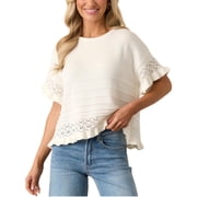 PUWEI Womens Crochet Short Sleeves Sweater Round Neck Ruffled Hem Pullover Casual Knit Top Blouse