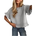 thumbnail image 1 of PUWEI Women's Crochet Short Sleeves Sweater Round Neck Ruffled Hem Pullover Casual Knit Top Blouse, 1 of 7