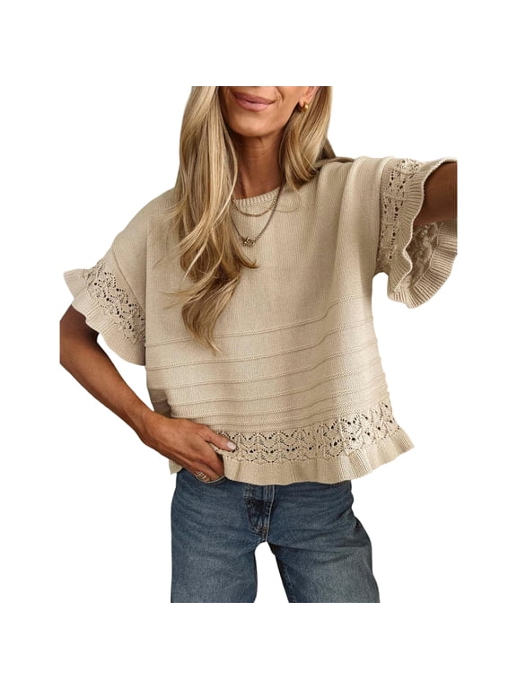 Women's Crochet Short Sleeves Sweater Round Neck Ruffled Hem Pullover Casual Knit Top Blouse