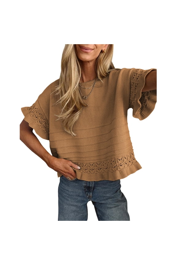 Women's Crochet Short Sleeves Sweater Round Neck Ruffled Hem Pullover Casual Knit Top Blouse