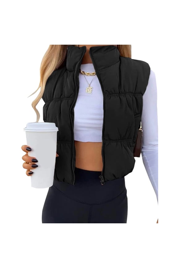 Women's Cropped Puffer Vest Zip-up Stand Collar Padded Gilet Sleeveless Outwear with Pockets