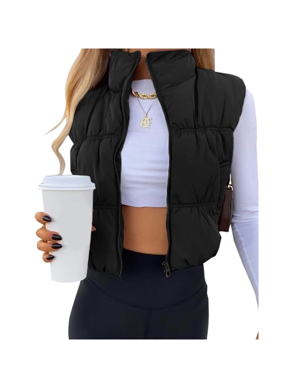 Women's Cropped Puffer Vest Zip-up Stand Collar Padded Gilet Sleeveless Outwear with Pockets