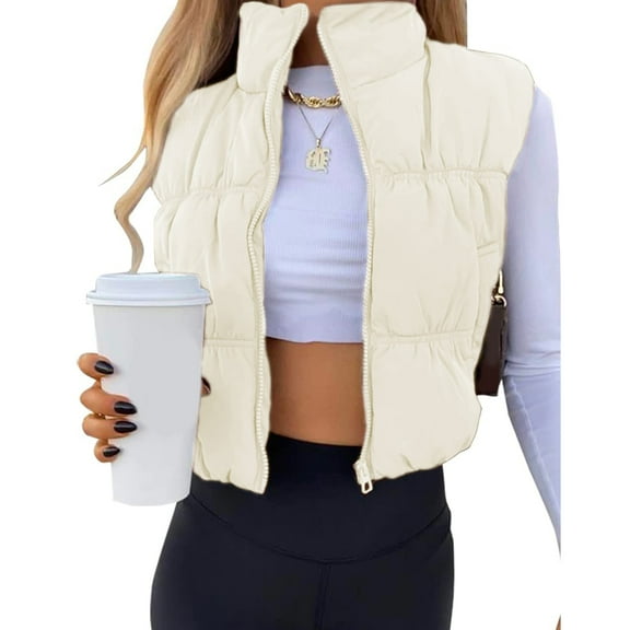 PUWEI Women's Cropped Puffer Vest Zip-up Stand Collar Padded Gilet Sleeveless Outwear with Pockets