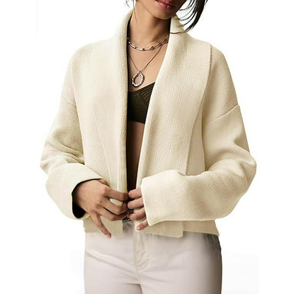 PUWEI Women's Cropped Short Cardigan Long Sleeve Open Front Sweater Collar Jacket Coat