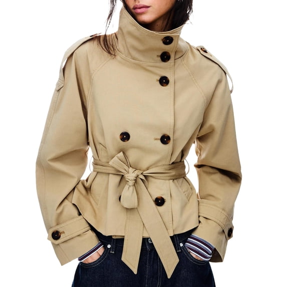 PUWEI Women's Cropped Trench Coat Double Breasted Casual Short Jacket High Collar Fall Winter Coats with Belt
