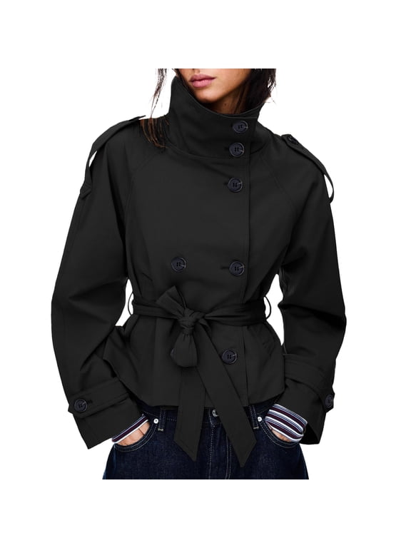 Women's Cropped Trench Coat Double Breasted Casual Short Jacket High Collar Fall Winter Coats with Belt