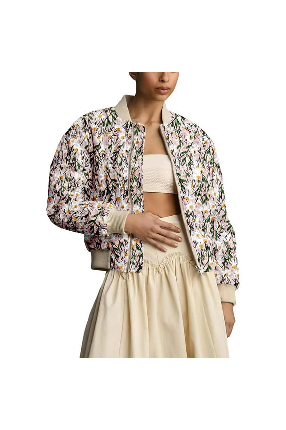Women's Daisy Embroidered Cropped Short Jacket Quilted Puffer Jackets Padded Coat Outerwear