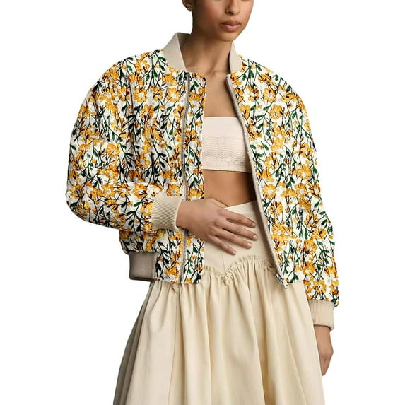 PUWEI Women's Daisy Embroidered Cropped Short Jacket Quilted Puffer Jackets Padded Coat Outerwear