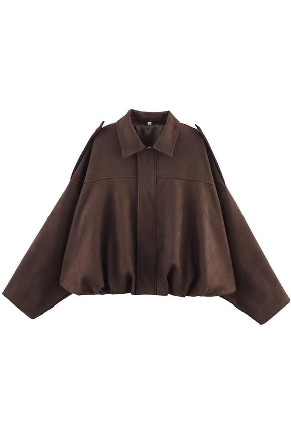Women's Faux Suede Bomber Jacket Lapel Collar Pilot Coat Oversized Motorcycle Jacket Outwear