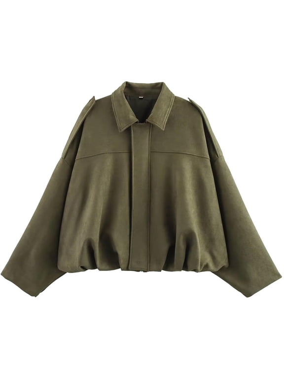 Women's Faux Suede Bomber Jacket Lapel Collar Pilot Coat Oversized Motorcycle Jacket Outwear