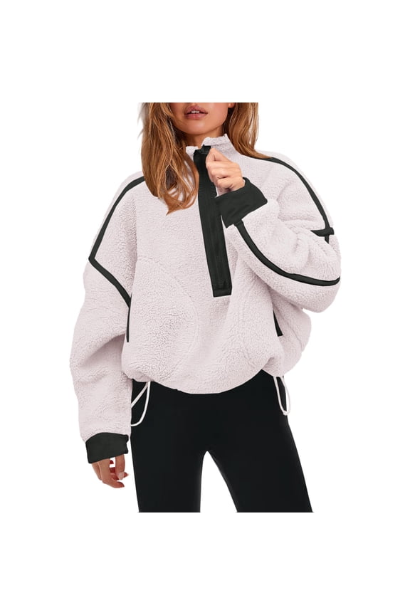 Women's Fleece Sherpa Pullover Oversized Half-Zip Sweatshirt Warm Fuzzy Sweater with Pockets