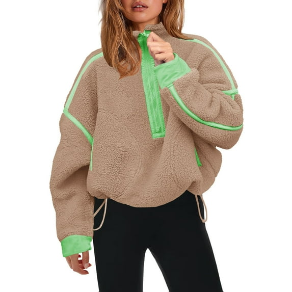 PUWEI Women's Fleece Sherpa Pullover Oversized Half-Zip Sweatshirt Warm Fuzzy Sweater with Pockets