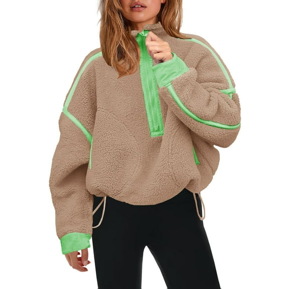 PUWEI Women's Fleece Sherpa Pullover Oversized Half-Zip Sweatshirt Warm Fuzzy Sweater with Pockets