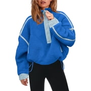 PUWEI Womens Fleece Sherpa Pullover Oversized Half-Zip Sweatshirt Warm Fuzzy Sweater with Pockets