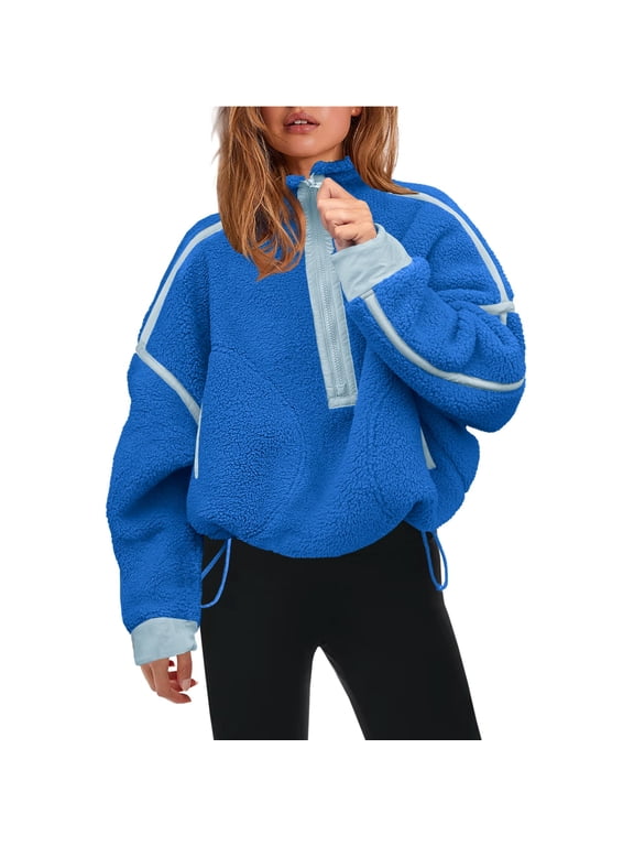 Women's Fleece Sherpa Pullover Oversized Half-Zip Sweatshirt Warm Fuzzy Sweater with Pockets
