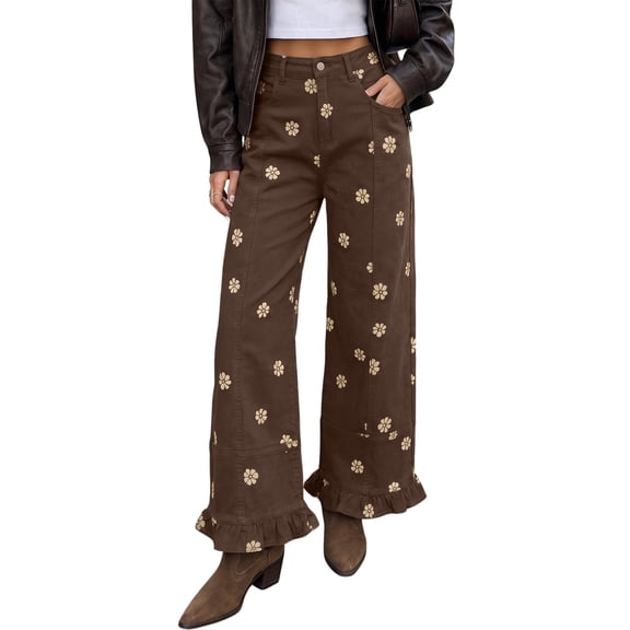 PUWEI Women's Floral Print Barrel Jeans Ruffle Hem Wide Leg Denim Pants with Pockets