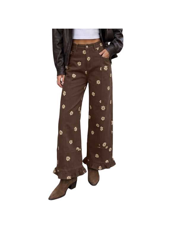 Women's Floral Print Barrel Jeans Ruffle Hem Wide Leg Denim Pants with Pockets