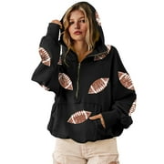 PUWEI Women's Football Sequin Hoodie Game Day Sweatshirts Long Sleeve Zipper Sweater with Pockets