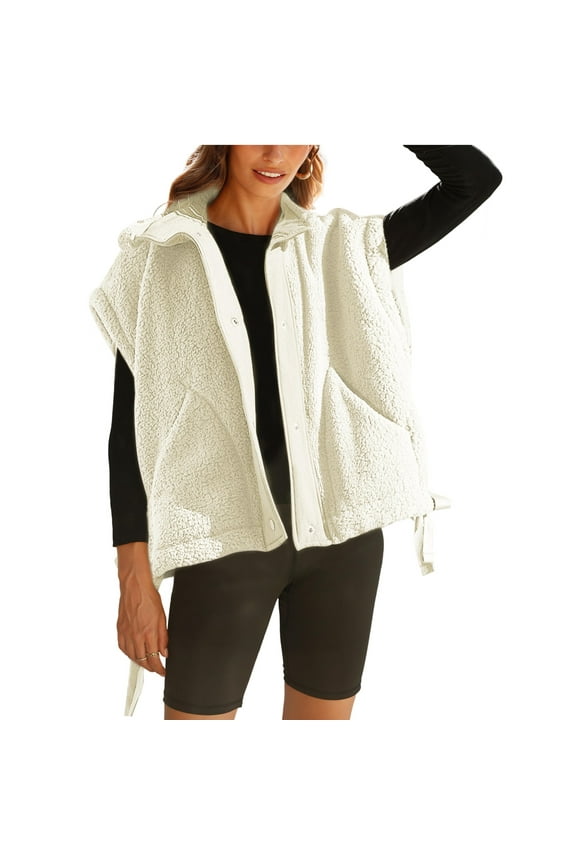 Women's Fuzzy Fleece Vest Jacket Sleeveless Sherpa Vest Button Down Warm Gilet with Pockets