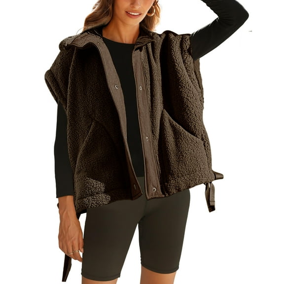 PUWEI Women's Fuzzy Fleece Vest Jacket Sleeveless Sherpa Vest Button Down Warm Gilet with Pockets
