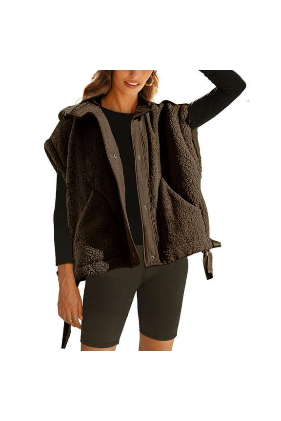 Women's Fuzzy Fleece Vest Jacket Sleeveless Sherpa Vest Button Down Warm Gilet with Pockets
