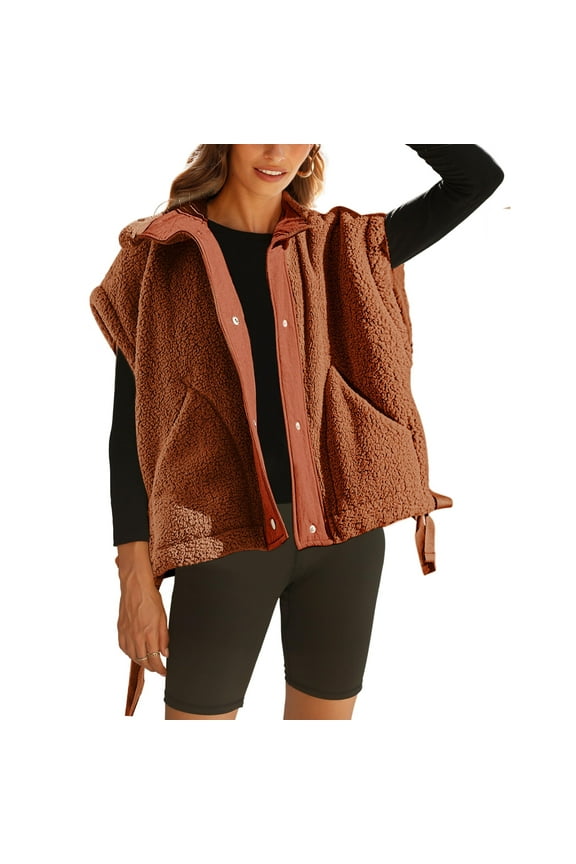 Women's Fuzzy Fleece Vest Jacket Sleeveless Sherpa Vest Button Down Warm Gilet with Pockets